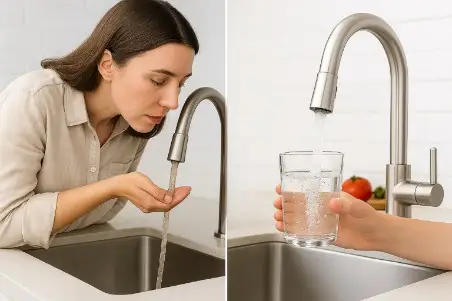 Glass of clear filtered water being poured at a home kitchen tap
