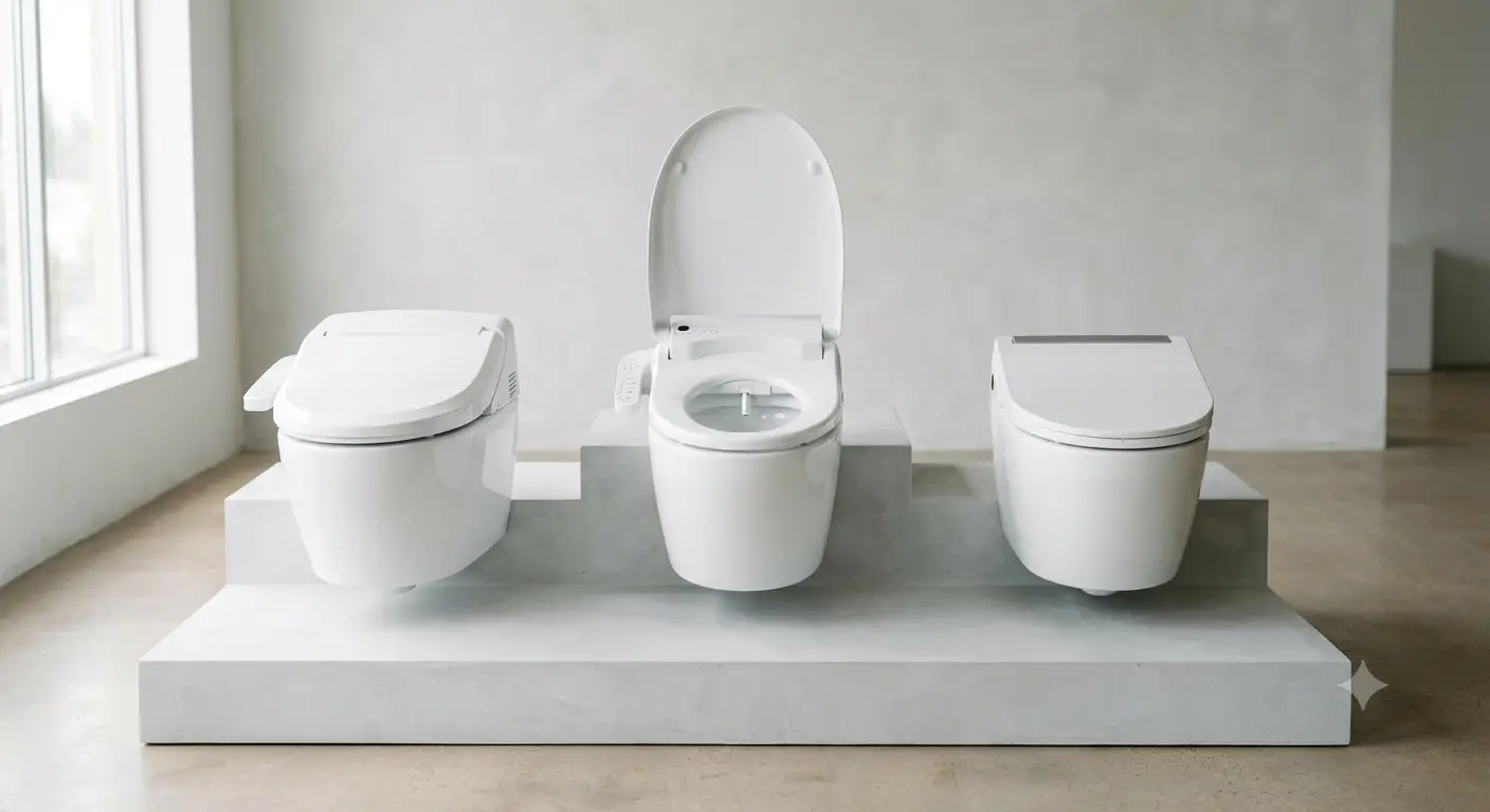 Three white bidet toilet seats displayed side by side on a tiered platform in a bright bathroom showroom