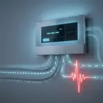 A smart thermostat display with a red power-surge voltage spike disrupting Morse-code style dots and dashes