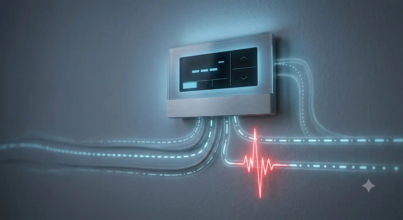A smart thermostat display with a red power-surge voltage spike disrupting Morse-code style dots and dashes